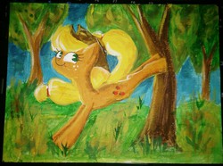 Size: 1280x952 | Tagged: safe, artist:sigmanas, applejack, earth pony, pony, g4, applebucking, bucking, female, smiling, solo, traditional art, tree, щщоки