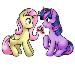 Size: 1024x988 | Tagged: dead source, safe, artist:stockingstreams, fluttershy, twilight sparkle, pony, unicorn, g4, art trade, blank flank, blushing, embarrassed, female, flower, lesbian, levitation, raised hoof, ship:twishy, shipping, simple background, surprised, transparent background, unicorn twilight