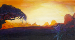 Size: 2483x1350 | Tagged: safe, artist:tridgeon, g4, read it and weep, flower, mountain, oil painting, palm tree, scenery, sunset, traditional art, tree