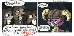 Size: 1540x750 | Tagged: safe, artist:sigmanas, spike, dragon, pony, g4, 2 panel comic, captain obvious, comic, crossover, dialogue, dovahkiin, greybeards, ponified, skyrim, speech bubble, spike is not amused, the elder scrolls, unamused