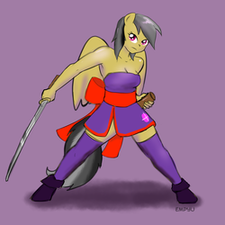 Size: 1000x1000 | Tagged: safe, artist:empyu, a.k. yearling, daring do, anthro, g4, ayane, cosplay, dead or alive, female, katana, mare, solo, sword, weapon