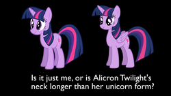 Size: 1920x1080 | Tagged: safe, twilight sparkle, alicorn, pony, unicorn, g4, black background, comparison, op is a slowpoke, simple background, slowpoke, text, twilight sparkle (alicorn), unicorn twilight, vector