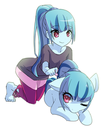 Size: 661x800 | Tagged: safe, artist:temecharo, sonata dusk, earth pony, human, pony, equestria girls, g4, anime, barefoot, clothes, cute, disguise, disguised siren, duo, earth pony sonata dusk, equestria girls ponified, feet, female, human ponidox, one eye closed, ponified, prone, self ponidox, simple background, smiling, sonatabetes, white background