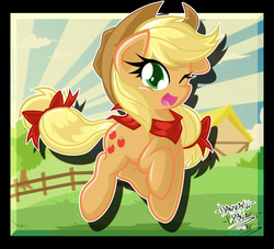 Size: 2749x2500 | Tagged: safe, artist:danmakuman, applejack, earth pony, pony, g4, bandana, bow, female, hair bow, high res, ribbon, solo, tail bow