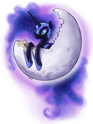 Size: 751x1000 | Tagged: safe, artist:king-kakapo, nightmare moon, alicorn, pony, g4, cheese, crescent moon, eating, edible heavenly object, female, leaning, lidded eyes, moon, smiling, solo, tangible heavenly object