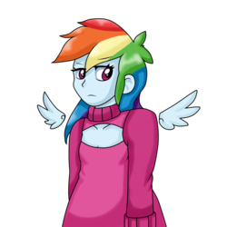 Size: 1000x1000 | Tagged: safe, artist:stockingstreams, rainbow dash, equestria girls, g4, boob window, breasts, clothes, delicious flat chest, female, floating wings, frown, keyhole turtleneck, open-chest sweater, solo, sweater, turtleneck, unamused, wings