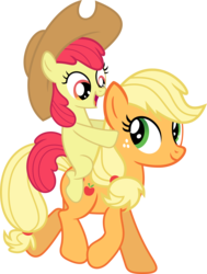 Size: 2686x3553 | Tagged: safe, artist:porygon2z, apple bloom, applejack, earth pony, pony, g4, accessory swap, apple bloom riding applejack, applejack's hat, cowboy hat, duo, female, filly, foal, hat, high res, mare, ponies riding ponies, riding, simple background, sisters, transparent background, vector