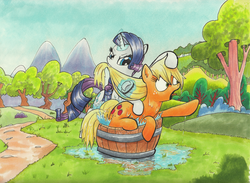 Size: 1165x851 | Tagged: safe, artist:kittyhawk-contrail, applejack, rarity, earth pony, pony, unicorn, g4, andy price style, bath, bathing, biting, brush, brushie, brushing, bucket, cottagecore, cute, faic, female, forced bathing, frown, glare, hair pulling, help, i can't believe it's not idw, levitation, magic, mare, markers, mouth hold, outdoors, prone, shipping fuel, silly, silly pony, splashing, struggling, style emulation, telekinesis, tongue out, traditional art, tree, water, wet, wet mane, wide eyes