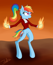 Size: 1036x1280 | Tagged: safe, artist:drakxs, rainbow dash, pony, semi-anthro, the count of monte rainbow, g4, alternate hairstyle, angry, bipedal, clothes, edmond dantes, female, fire, hell to your doorstep, open mouth, ponytail, rainbow dantes, rainbow dash always dresses in style, short tail, singing, solo, suit, the count of monte cristo