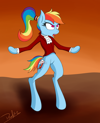 Size: 1036x1280 | Tagged: safe, artist:drakxs, rainbow dash, pony, semi-anthro, the count of monte rainbow, g4, alternate hairstyle, angry, bipedal, clothes, edmond dantes, hell to your doorstep, open mouth, ponytail, rainbow dantes, short tail, solo, suit, the count of monte cristo