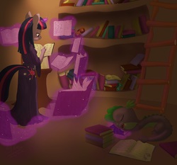 Size: 1839x1711 | Tagged: safe, artist:niskran, spike, twilight sparkle, anthro, g4, book, clothes, dress, library, magic, nightgown, sleeping, studying