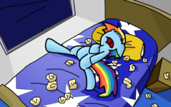 Size: 1600x1000 | Tagged: safe, artist:rainysunshine, rainbow dash, g4, bed, bedroom, cold, female, flu, lying down, on back, sick, sleeping, solo, tissue