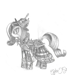 Size: 1468x1641 | Tagged: safe, artist:applesofsin, rarity, g4, female, monochrome, sketch, solo, steampunk, traditional art