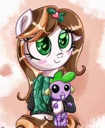 Size: 900x1099 | Tagged: safe, artist:daniel-sg, spike, oc, oc:aurora chiaro, g4, clothes, plushie, spike plushie, sweater