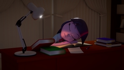 Size: 1920x1080 | Tagged: safe, artist:creatorofpony, twilight sparkle, equestria girls, g4, 3d, 3d model, blender, book, curtains, desk, female, lamp, paper, pen, sleeping, solo, that pony sure does love books
