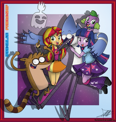 Size: 1182x1237 | Tagged: safe, artist:the-butch-x, spike, sunset shimmer, twilight sparkle, dog, ghost, equestria girls, g4, my little pony equestria girls: rainbow rocks, crossover, hi-five ghost, male, mordecai, mordecai and rigby, regular show, rigby (regular show), spike the dog, twilight sparkle (alicorn)