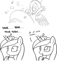 Size: 1280x1364 | Tagged: safe, artist:mcsadat, princess cadance, g4, board game, comic, daydream, dice, female, implied shining armor, monochrome, monopoly, rage quit, solo, table flip
