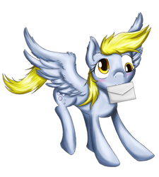 Size: 2650x2950 | Tagged: safe, artist:gemodawnchan, derpy hooves, pegasus, pony, g4, blushing, ear fluff, female, high res, letter, mare, mouth hold, simple background, solo, spread wings