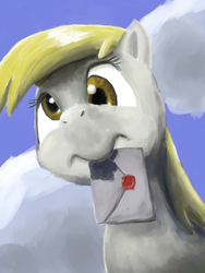 Size: 600x800 | Tagged: safe, artist:nullpotower, derpy hooves, pegasus, pony, g4, female, letter, mare, mouth hold, solo
