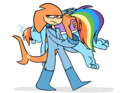 Size: 1024x768 | Tagged: safe, artist:silverscarf, rainbow dash, oc, shark, anthro, plantigrade anthro, g4, anthro oc, barefoot, butt touch, carrying, clothes, dashaholic, drunk, drunker dash, feet, hand on butt, shorts, soles, toes