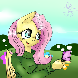 Size: 2000x2000 | Tagged: safe, artist:galadysp, fluttershy, butterfly, anthro, g4, clothes, female, high res, smiling, solo, sweater, sweatershy