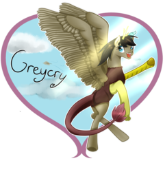 Size: 877x911 | Tagged: safe, artist:tinylittlewatermelon, oc, oc only, oc:greycry, draconequus, pegasus, pony, female, flying, heart, mare, solo, wings