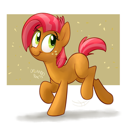 Size: 1000x1000 | Tagged: safe, artist:thedoggygal, babs seed, earth pony, pony, g4, abstract background, adorababs, blank flank, cute, female, filly, foal, smiling, solo