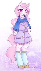 Size: 460x807 | Tagged: safe, artist:divided-s, princess celestia, anthro, semi-anthro, g4, bipedal, blushing, clothes, coat, female, looking at you, necklace, open mouth, pink-mane celestia, scarf, smiling, socks, solo