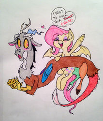 Size: 1222x1434 | Tagged: safe, artist:ameliacostanza, discord, fluttershy, g4, blushing, discobat, dracula, female, flutterbat, male, ship:discoshy, shipping, straight, traditional art