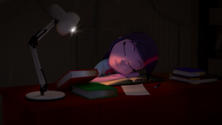 Size: 1920x1080 | Tagged: safe, alternate version, artist:creatorofpony, twilight sparkle, equestria girls, g4, 3d, 3d model, blender, book, curtains, desk, female, lamp, paper, pen, sleeping, solo, that pony sure does love books