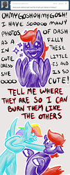 Size: 648x1600 | Tagged: safe, lancer, rainbow dash, earth pony, pegasus, pony, g1, g4, my little pony tales, angry, ask, askfirefly, bipedal, comic, duo, female, imitation, male, tumblr