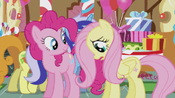 Size: 672x378 | Tagged: safe, screencap, carrot top, fluttershy, golden harvest, minuette, pinkie pie, earth pony, pegasus, pony, g4, griffon the brush off, animated, annoyed, blinking, female, fluttershy is not amused, frown, glare, head pat, i'm a year older than you, lidded eyes, open mouth, party, petting, raised hoof, reassurance, seizure warning in comments, smiling, sugarcube corner, talking