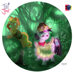 Size: 820x803 | Tagged: safe, artist:jowyb, applejack, twilight sparkle, alicorn, pony, g4, clothes, female, forest, jungle, knife, lesbian, mare, mouth hold, ship:twijack, shipping, twilight sparkle (alicorn)