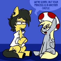 Size: 576x576 | Tagged: safe, artist:pembroke, derpy hooves, oc, oc:bluetooth, pony, g4, clothes, cosplay, crossed hooves, dialogue, duo, glasses, in another castle, open mouth, parody, sitting, speech bubble, super mario bros., toad (mario bros), unamused