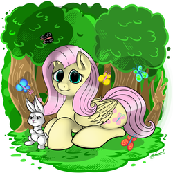 Size: 5000x5000 | Tagged: safe, artist:malamol, angel bunny, fluttershy, butterfly, g4, absurd resolution, forest, prone