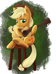 Size: 480x640 | Tagged: safe, artist:biboscel, artist:steffy-beff, applejack, g4, female, guitar, sitting, solo, stool, underhoof