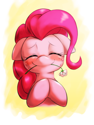 Size: 750x1000 | Tagged: dead source, safe, artist:ushiro no kukan, pinkie pie, earth pony, pony, g4, blushing, crying, cute, diapinkes, eyes closed, female, flower, flower in mouth, happy, mare, mouth hold, smiling, solo, tears of joy, teary eyes