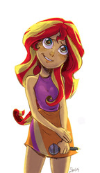 Size: 591x1028 | Tagged: safe, artist:thezeo, sunset shimmer, equestria girls, g4, my little pony equestria girls: rainbow rocks, clothes, cute, female, halterneck, microphone, shimmerbetes, simple background, skirt, sleeveless, solo, sunset shimmer's skirt, white background