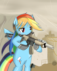 Size: 1444x1800 | Tagged: safe, artist:timorikawa, rainbow dash, g4, clothes, female, gun, pixiv, scarf, solo