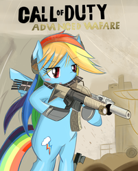 Size: 1444x1800 | Tagged: safe, artist:timorikawa, rainbow dash, g4, call of duty, clothes, female, gun, misspelling, pixiv, scarf, solo