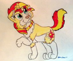 Size: 976x818 | Tagged: safe, artist:silversimba01, sunset shimmer, dog, g4, collar, dogified, female, solo, species swap, traditional art