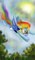 Size: 750x1280 | Tagged: safe, artist:tanyasitnikova, rainbow dash, g4, crepuscular rays, female, flying, goggles, solo, tongue out, tree, wonderbolt trainee uniform