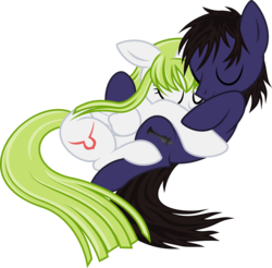 Size: 6186x6078 | Tagged: safe, artist:calicopikachu, artist:dewlshock, earth pony, pegasus, pony, absurd resolution, base used, code geass, cuddling, cute, eyes closed, female, floppy ears, hug, male, on back, ponified, prone, simple background, sleeping, smiling, snuggling, straight, trace, transparent background, vector