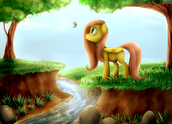 Size: 3223x2322 | Tagged: safe, artist:unilx, fluttershy, butterfly, pegasus, pony, g4, female, high res, river, solo, stream