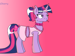 Size: 1024x768 | Tagged: safe, artist:cherry, artist:gorillaz-24, twilight sparkle, pony, unicorn, g4, alternate hairstyle, bow, candy, cheerleader, clothes, collar, drawthread, earring, female, food, lollipop, mare, midriff, miniskirt, requested art, signature, skirt, solo, standing, unicorn twilight