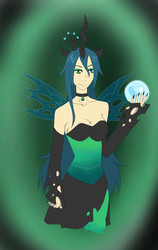 Size: 1200x1900 | Tagged: safe, artist:mrbutlerman, queen chrysalis, human, g4, clothes, crystal ball, dress, eared humanization, female, horn, horned humanization, humanized, solo, winged humanization