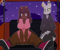 Size: 1280x1069 | Tagged: safe, artist:somescrub, oc, oc only, oc:chocolate dream, oc:saltine, unicorn, zebra, anthro, big breasts, breasts, clothes, female, happy, thunder thighs