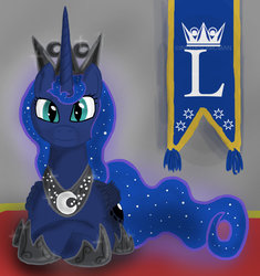 Size: 900x958 | Tagged: safe, artist:infrasonicman, princess luna, g4, banner, female, looking at you, prone, solo