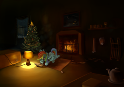 Size: 1920x1350 | Tagged: safe, artist:scootiebloom, rainbow dash, pegasus, pony, g4, book, christmas tree, female, fireplace, lamp, mare, reading, solo, spread wings, tree, wings