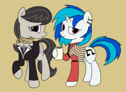 Size: 1024x749 | Tagged: safe, artist:blondenobody, artist:kas92, edit, dj pon-3, octavia melody, vinyl scratch, g4, ace attorney, diego armando, female, godot, lesbian, mia fey, ship:scratchtavia, shipping, trace